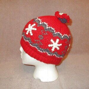 Vtg Neckworks Alpaca Wool Beanie Hat 3D Chunky Knit Snowflakes Pom Holiday Skl